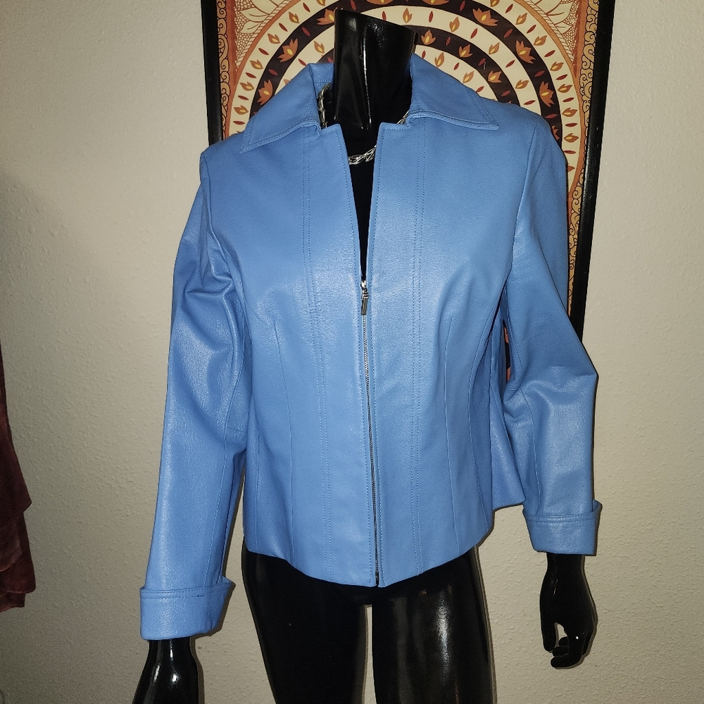 Evan Picone Powder Blue Zip-Front Leather Jacket